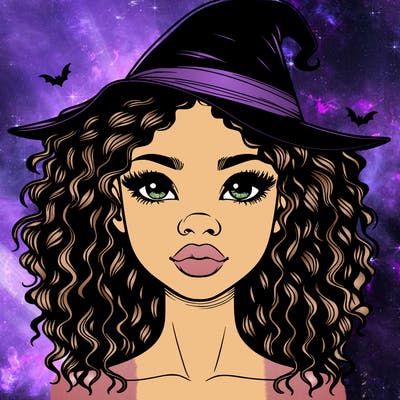 realistic black girl with wavy hair and witch hat and nose and lips