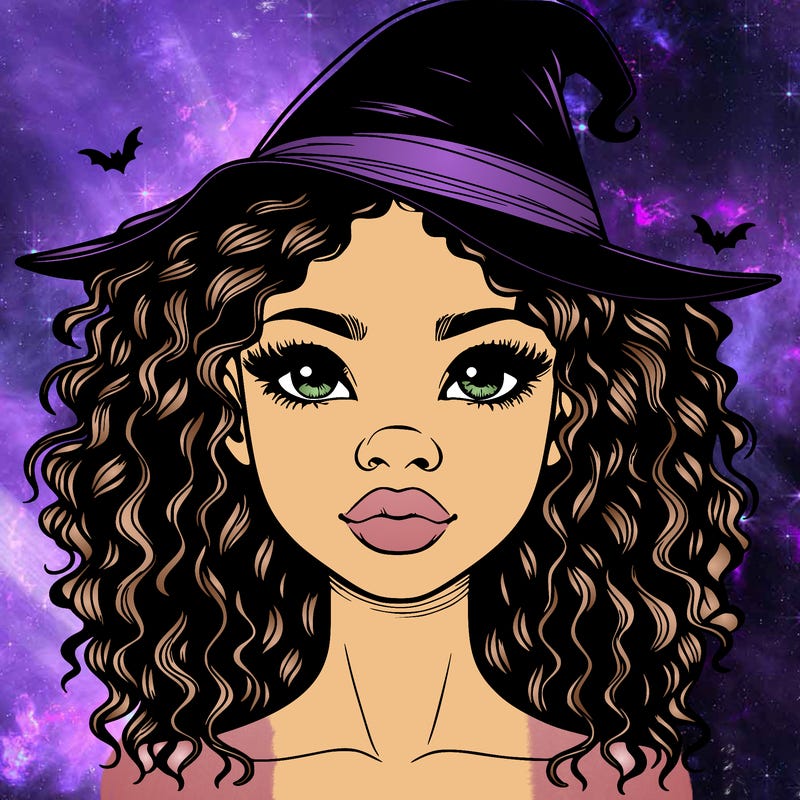 realistic black girl with wavy hair and witch hat and nose and lips