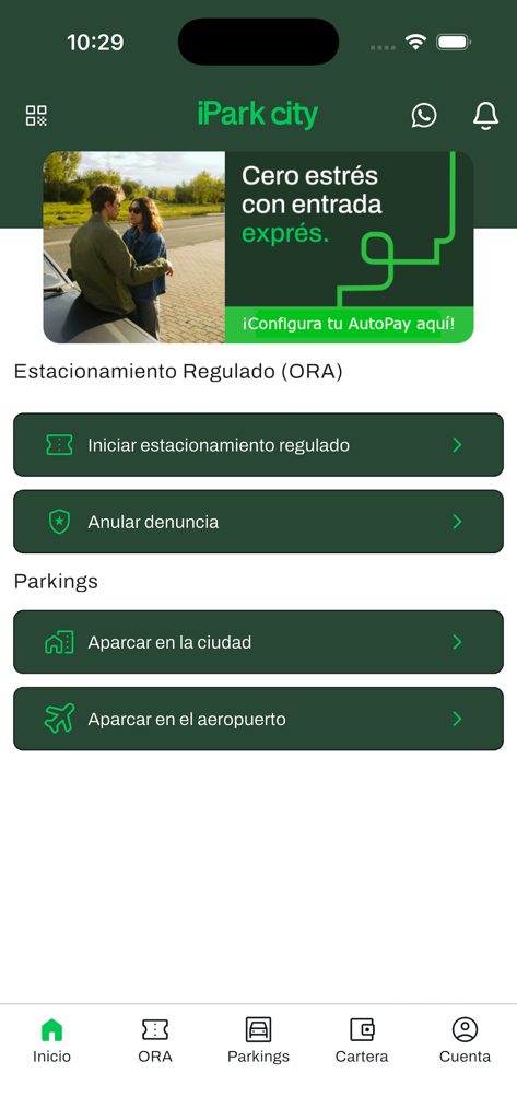iParkCity - iParkCity app home screen displaying options for regulated parking, city parking, and airport parking services