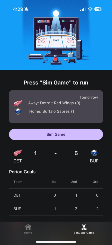 NHL 게임 시뮬레이터 인터페이스, 시뮬레이션된 점수 및 기간별 통계 분석 표시