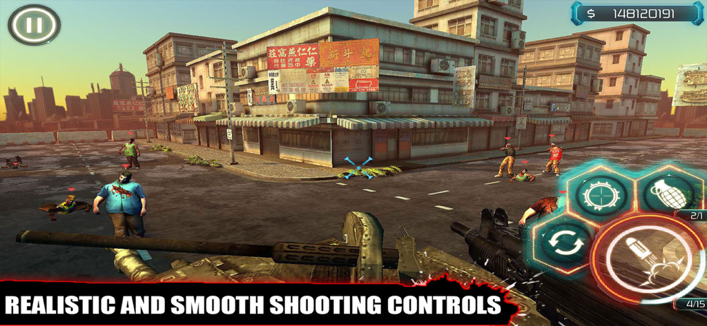 Zombie Survival Dead Shooting - First person shooter gameplay showing a player aiming at zombies in an urban city street