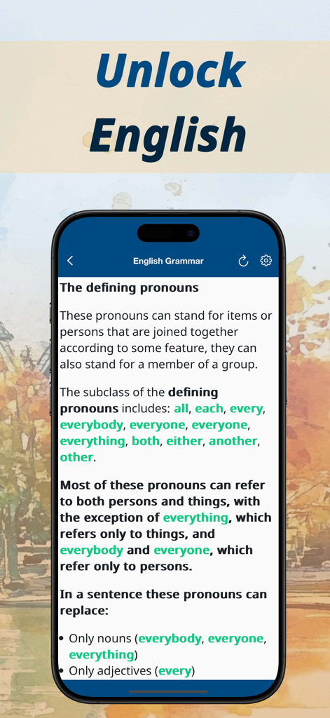 Speak English: Learn Pronouns - A mobile app screen displaying an English grammar lesson about defining pronouns like all, each, and every.