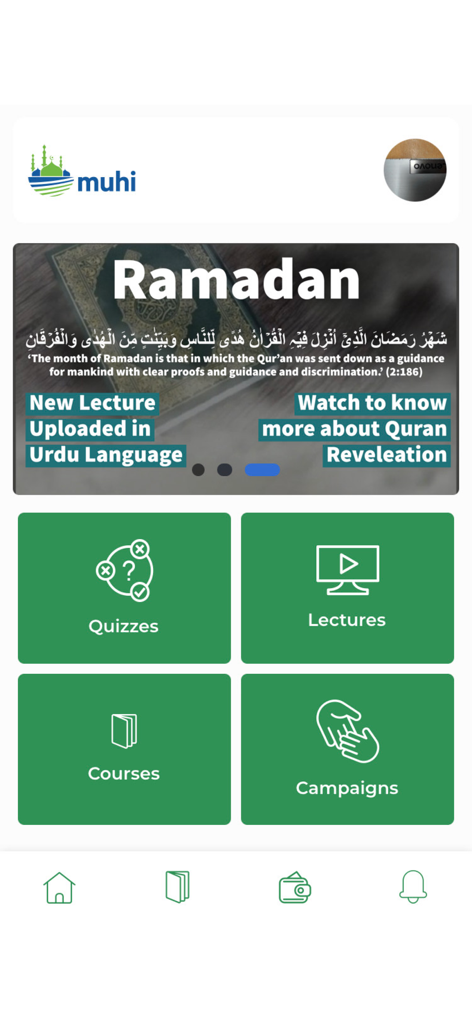 MUHI App - MUHI App home screen displaying modules for quizzes, lectures, courses, and campaigns with a featured Ramadan banner