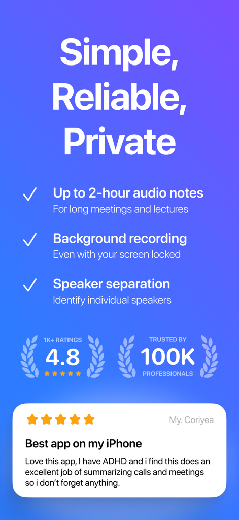 AI Note Taker – VoicePen - VoicePen app features list showing 2 hour recording and speaker separation alongside a five star user review and high ratings