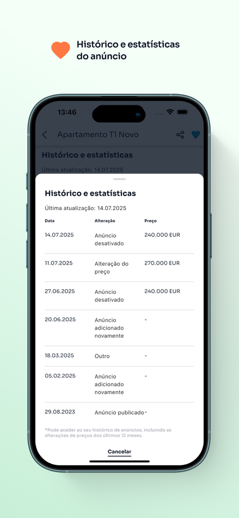 Pantalla móvil de la aplicación Imovirtual que muestra el historial de precios y las actualizaciones de estado de un listado de bienes raíces en Portugal