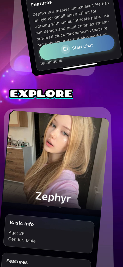 Tela de exploração do aplicativo Sayee mostrando um perfil de usuário com um botão de iniciar chat em uma estética neon