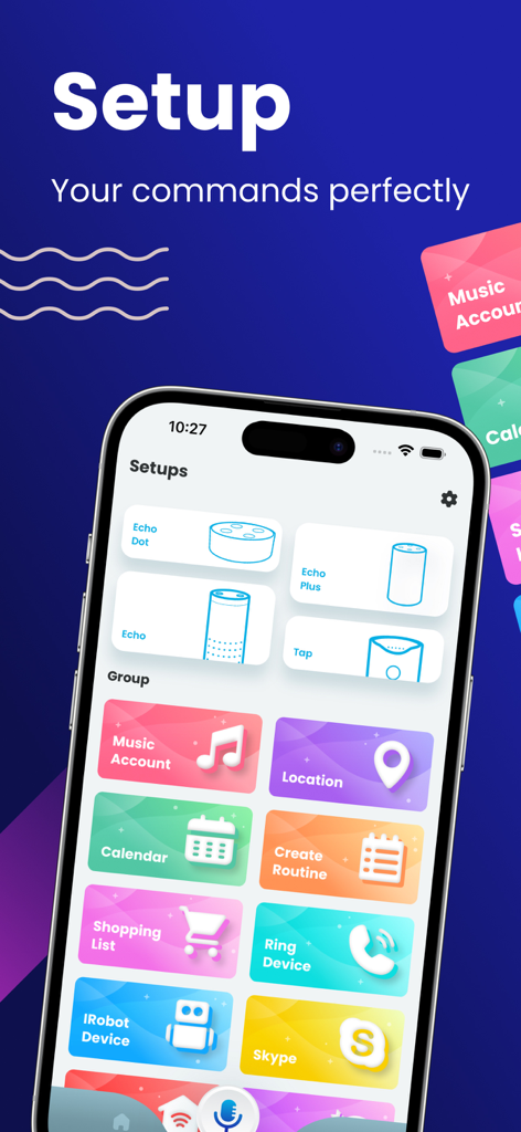 Voice Control for Assistant - Pantalla de configuración de comandos de voz con selección de dispositivo Echo y categorías de hogar inteligente