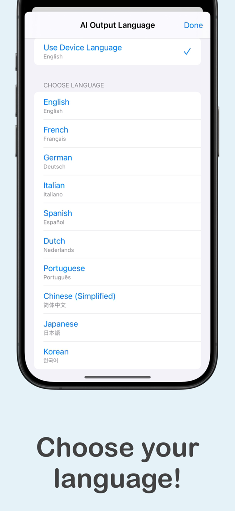 BookLens: Age-Right Books - Captura de pantalla de la aplicación BookLens mostrando la pantalla de selección de idioma de salida de IA con múltiples opciones de idioma como inglés, francés y español.
