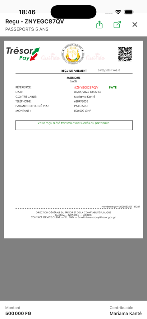 TresoPay - Digital payment receipt for a five year passport in the TresoPay app