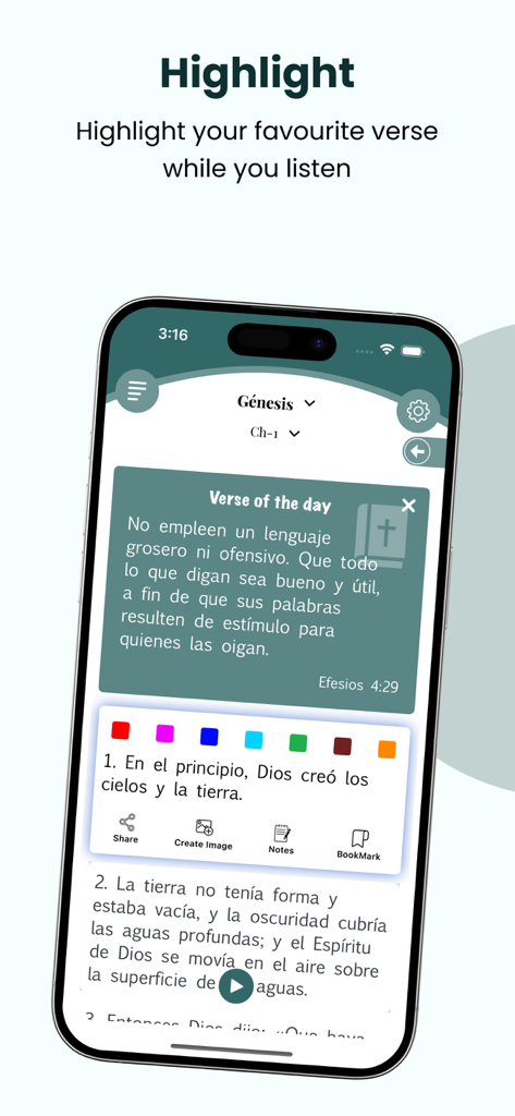 Interfaz móvil de la app Biblia NTV Español mostrando cómo resaltar versículos con diferentes colores.