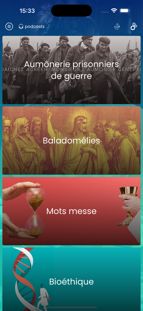 Eglise catholique en France - Podcasts menu of the Eglise catholique en France app featuring religious and social topics