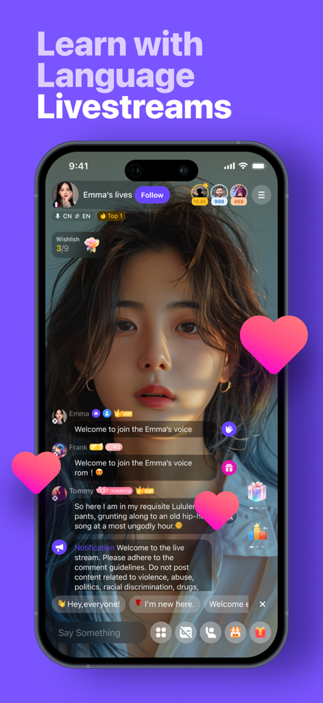 HelloTalk-App-Oberfläche mit einem Live-Video-Stream zum Sprachenlernen mit Chat-Interaktion und Herz-Emojis