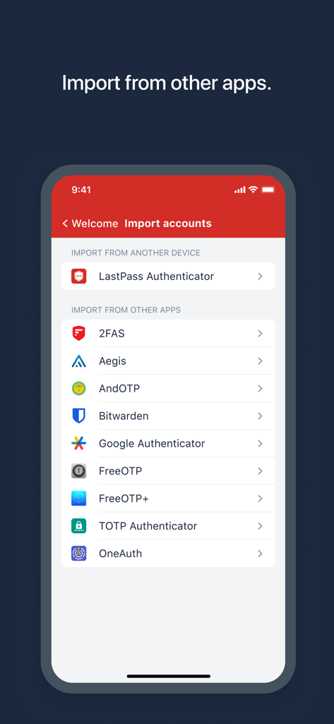 Pantalla de LastPass Authenticator que muestra opciones para importar cuentas de seguridad desde otras aplicaciones de autenticación