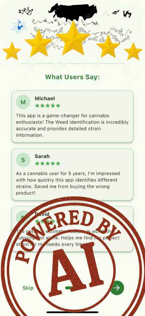 Weed Scan AI : THC Identifier - User reviews and 5-star ratings for the Weed Scan AI app showing testimonials from cannabis enthusiasts and a Powered by AI stamp.