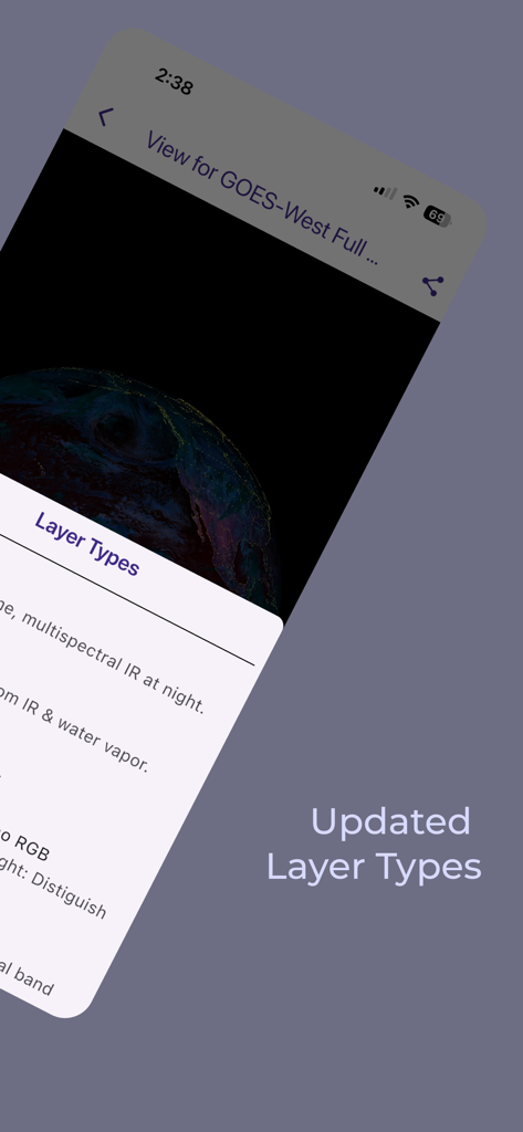 Screenshot of GOES Viewer app showing updated satellite imagery layer types over a night view of Earth.