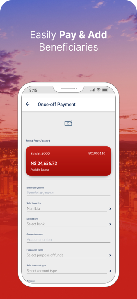 Bank Windhoek - Bank Windhoek mobile app interface for making a once off payment and adding beneficiaries