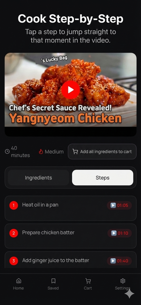 YouChef: AI Video Recipe Saver - YouChef app interface showing a cooking video with numbered recipe steps and interactive timestamps