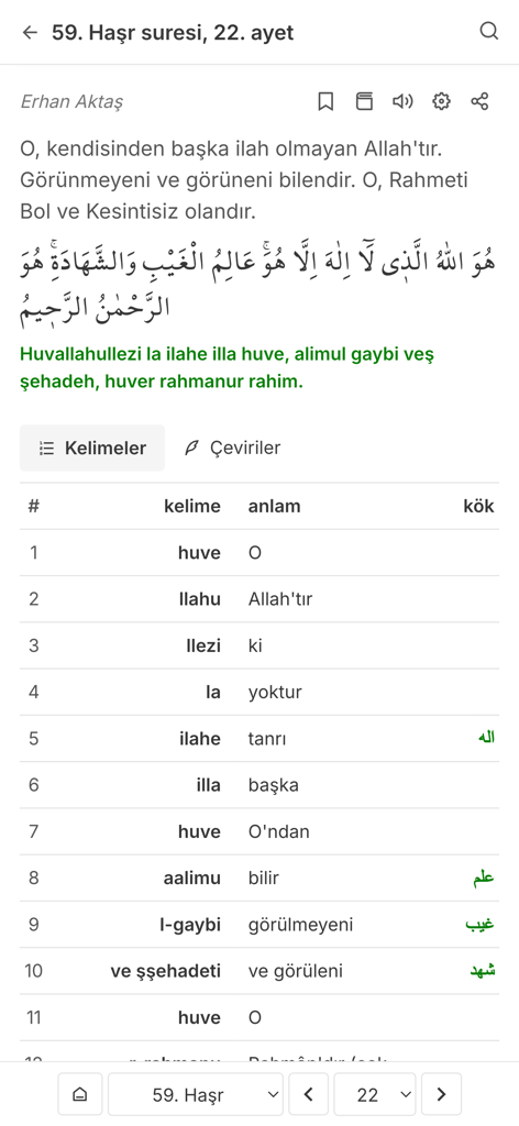 Açık Kuran - Açık Kuran app interface showing a detailed word-by-word analysis and translation of a Quranic verse.