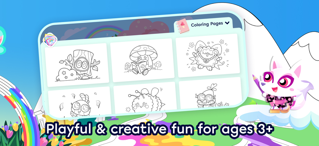 Moshi Coloring World - Moshi Coloring World App-Menü mit einer Auswahl an Schwarz-Weiß-Malvorlagen mit niedlichen Charakteren