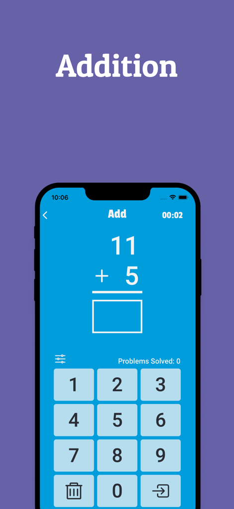 Math Practice: Math Whiz Kids - A child friendly math practice screen showing an addition problem and a numeric keypad for answers.