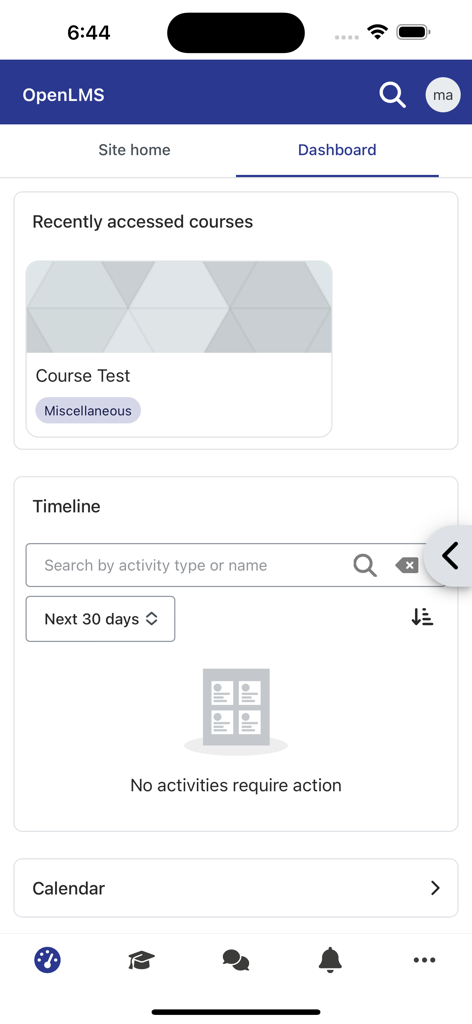 Open-LMS - Open-LMSモバイルアプリのダッシュボード。コースカードとアクティビティタイムラインが表示されています