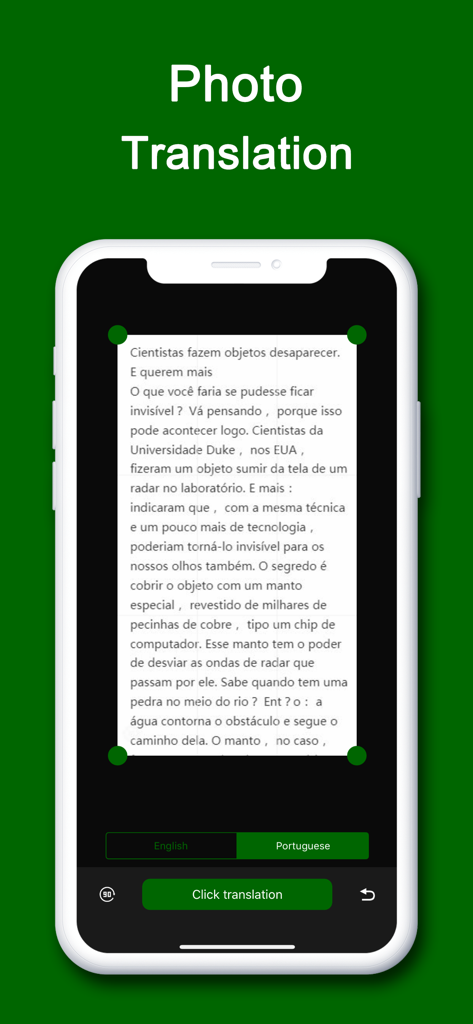 ptTranslator for Portuguese - Uma interface de aplicativo móvel demonstrando o recurso de tradução de fotos para texto em português.