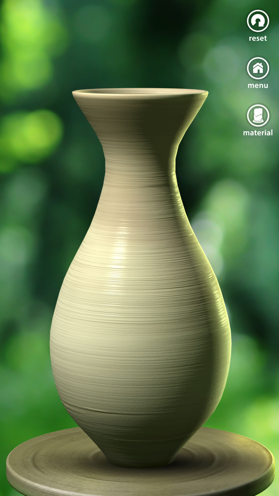 A realistic unglazed clay vase being shaped on a pottery wheel in a 3D simulation game.