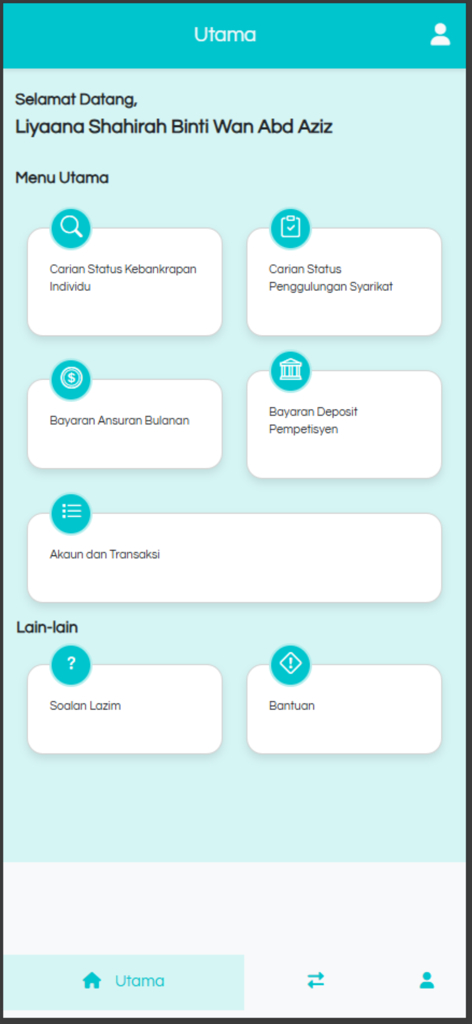 e-Insolvensi - The main dashboard of the e-Insolvensi app showing search and payment options for bankruptcy and winding up status