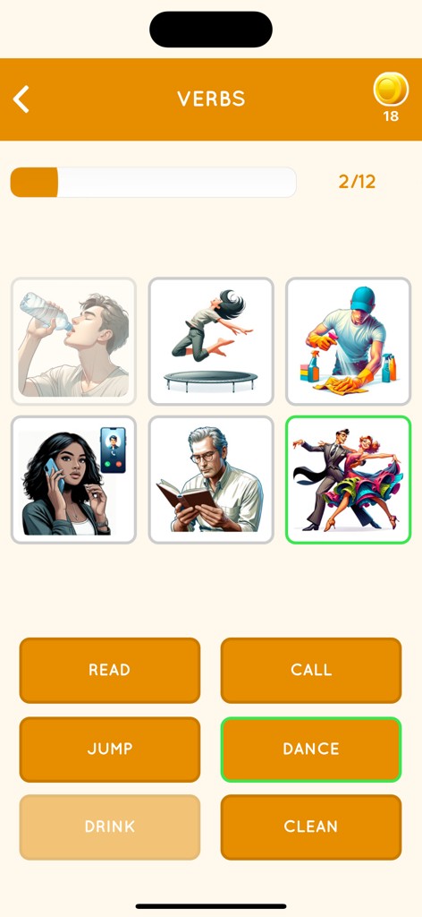 English vocabulary game screen showing pictures of actions like dancing and reading with matching verb buttons.