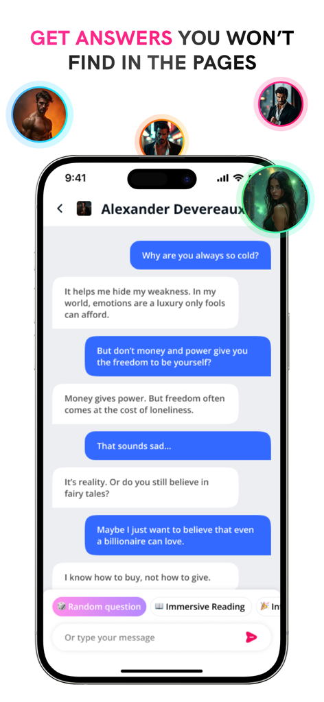 Epicbooks Romantic Novels - A mobile interface from the Epicbooks app showing an interactive AI chat conversation with a romance novel character named Alexander Devereaux.