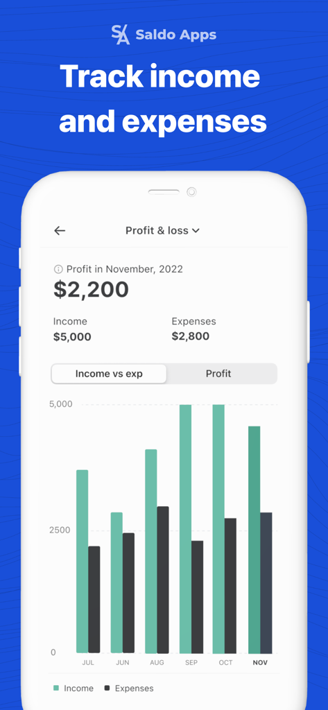 Saldo: Finance Management App - Mobile app screen showing a profit and loss chart for income and expenses tracking