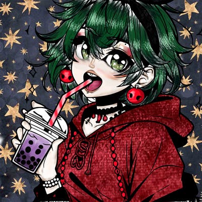 hot baddie anime girl drinking boba and biting the straw