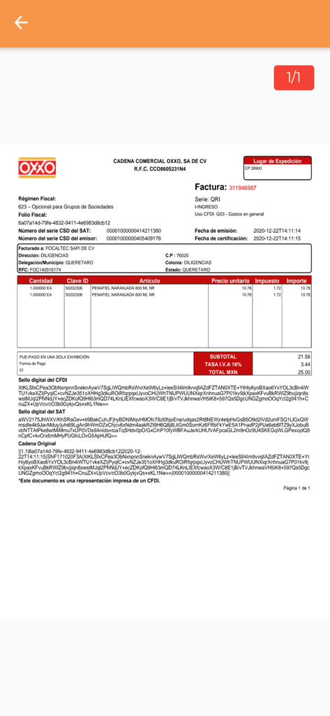 Digital Mexican tax invoice from OXXO showing itemized travel expenses and tax data
