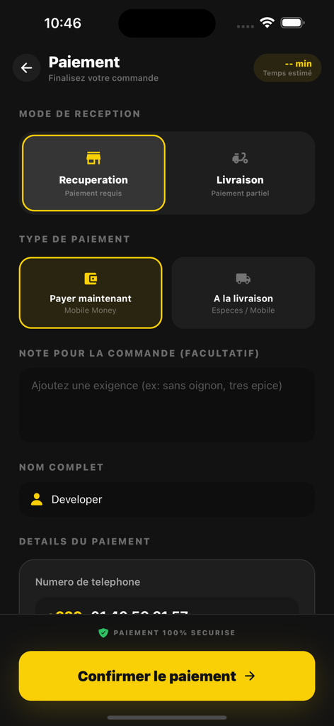 Kassen- und Zahlungsbildschirm in der Shawarma House App mit Optionen für Abholung und Lieferung