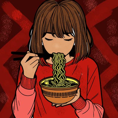 a girl realistic eating ramen noodles