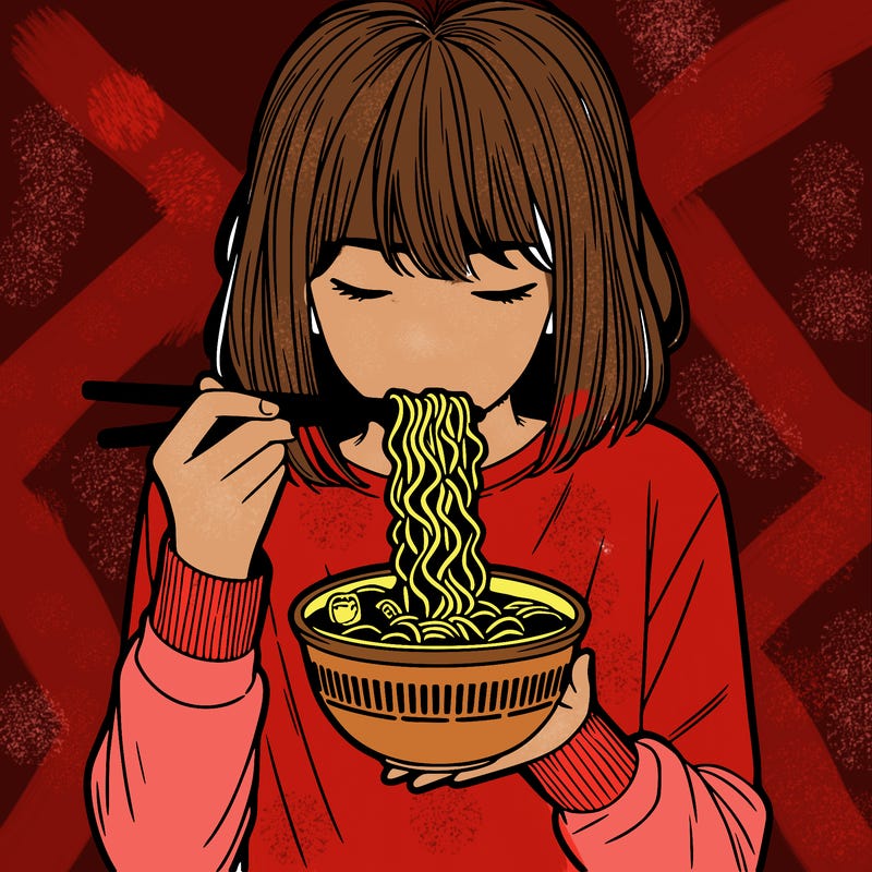 a girl realistic eating ramen noodles