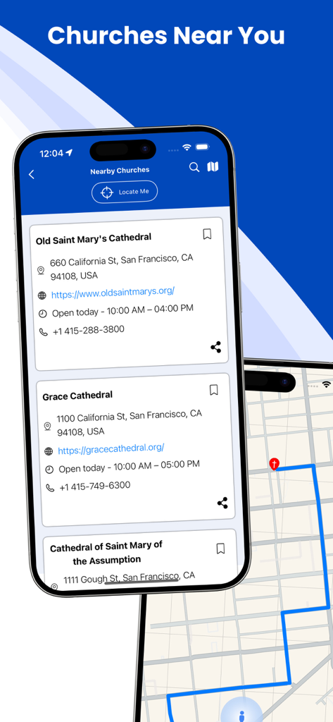 ESV Bible* - 近くの教会リストと地図を表示するESV聖書アプリの教会検索機能を示す画面