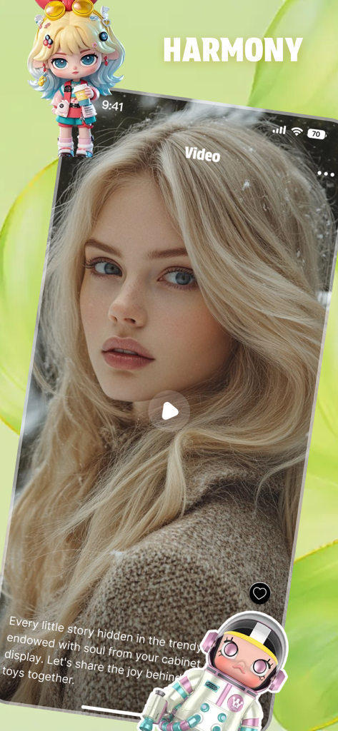 Mizy app screen showing a video profile interface with trendy toy character decorations and the text Harmony.