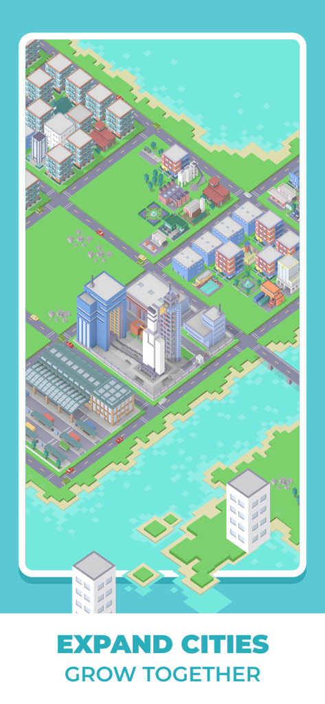 Pixel Plex: City Builder - Vue isométrique en pixel art d'une ville côtière avec des gratte-ciel et des quartiers dans Pixel Plex