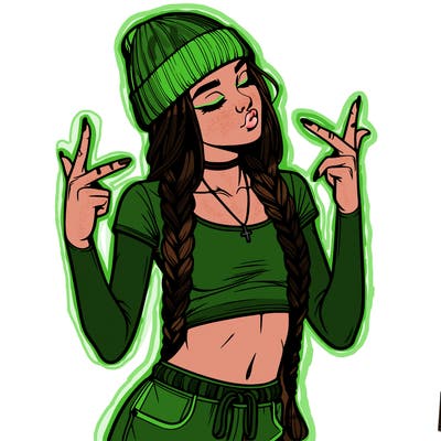 realistic teenage girl with braids and a beanie and crop top doing 🫶🏼