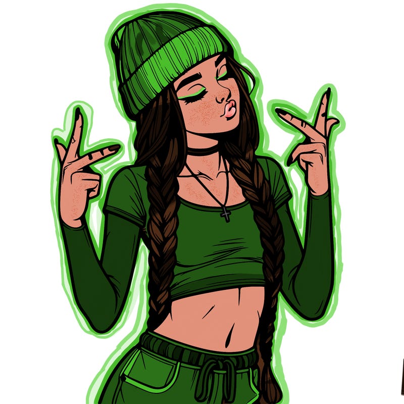 realistic teenage girl with braids and a beanie and crop top doing 🫶🏼