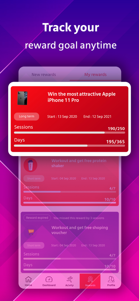 Growfitter - Growfitter app screen showing progress bars for fitness reward goals like an iPhone