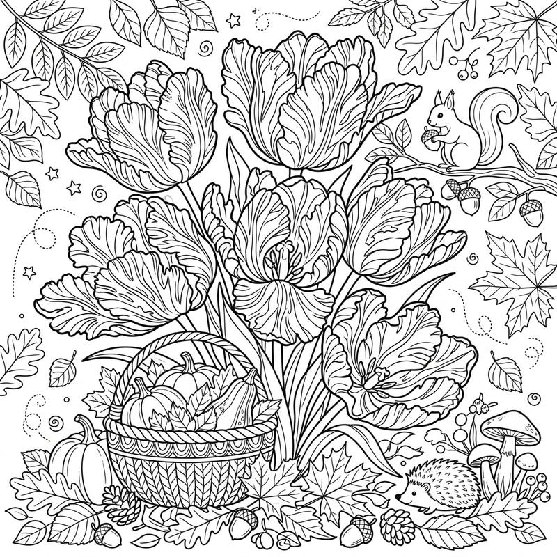 Immerse yourself in the seasonal beauty of our Parrot Tulips and Autumn Harvest coloring page. This delightful design combines exotic flowers with charming fall elements, perfect for a relaxing creative escape.
