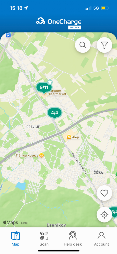 OneCharge SI app map showing electric vehicle charging stations and occupancy status