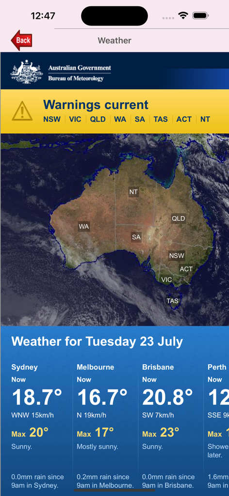 Bildschirm mit Wettervorhersage in der Melbourne App, der eine Karte von Australien und die aktuellen Temperaturen für wichtige Städte anzeigt.