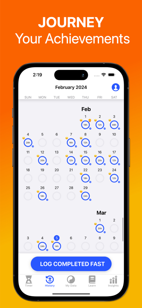Sunrise - Intermittent Fasting - A calendar view in the Sunrise Intermittent Fasting app showing a monthly history of completed fasts and their durations.