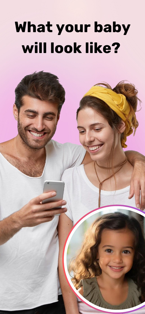 AI Baby Generator Face Maker. - Um casal sorrindo olhando para a previsão do futuro bebê em uma tela de celular