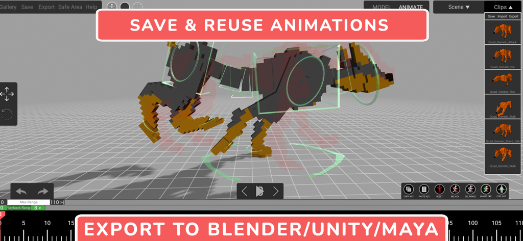 Animatoon-App-Oberfläche, die 3D-Voxel-Charakteranimation und Exportoptionen nach Blender, Unity und Maya zeigt