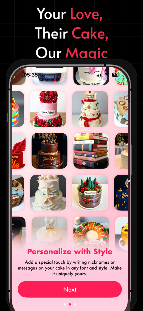 AI CakeMaker - Name on Cake - A smartphone screen displaying the AI CakeMaker app with a grid of various AI-generated cake designs and a personalization prompt