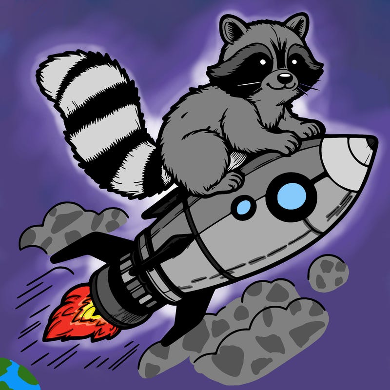 realistic raccoon flying on top rocket ship
